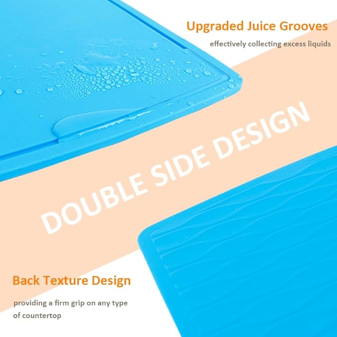 Liflicon Thick Silicone Cutting Board 12.6'' x 9.1'' Foldable & Flexible Design Juice Grooves Easy Grip Handle Dishwasher Safe-Blue