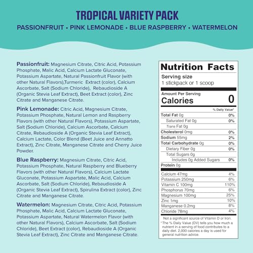 Ultima Replenisher Daily Electrolyte Powder – Tropical Variety Pack, 20 Stickpacks – Zero Sugar Hydration Packets with 6 E...