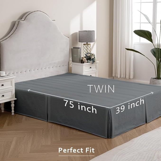 MIYE Pleated Waffle Weave Bed Skirt, Tailored Dust Ruffle 22 Inch Drop Easy Fit, Machine Washable (Dark Grey, Twin - 22" Drop)