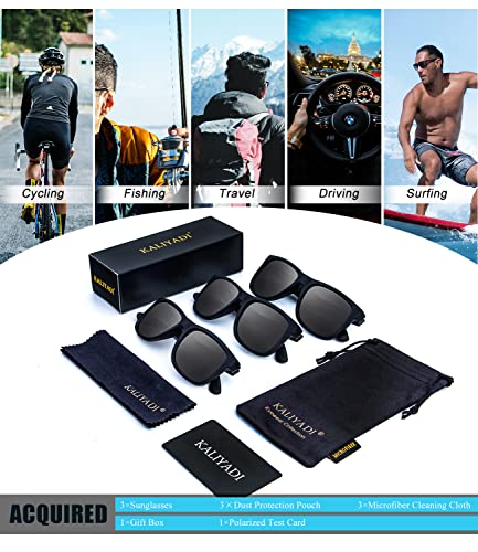 KALIYADI Sunglasses Men Polarized Sun glasses for Mens Womens Classic Matte Black Frame UV Protection 3pack