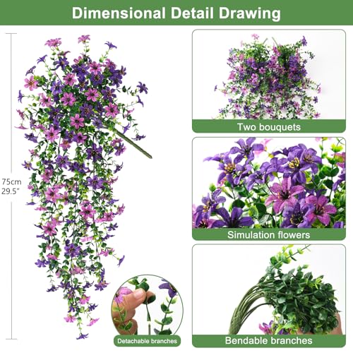 Artificial Fake Hanging Flowers Plants for Outdoor Spring Decoration,2 PCS Faux Silk Daisy with Eucalyptus Leaves,UV Resis...
