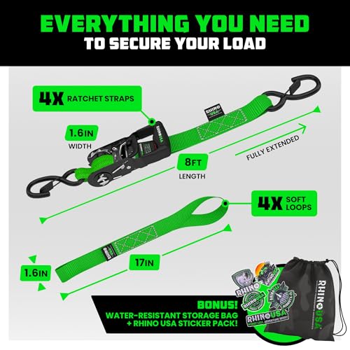 Rhino USA Ratchet Straps Heavy Duty Kit (2-Pack) - 1.6 Inch x 8 Feet Min Break Strength (5,000) - Ultimate Tie Down Straps...