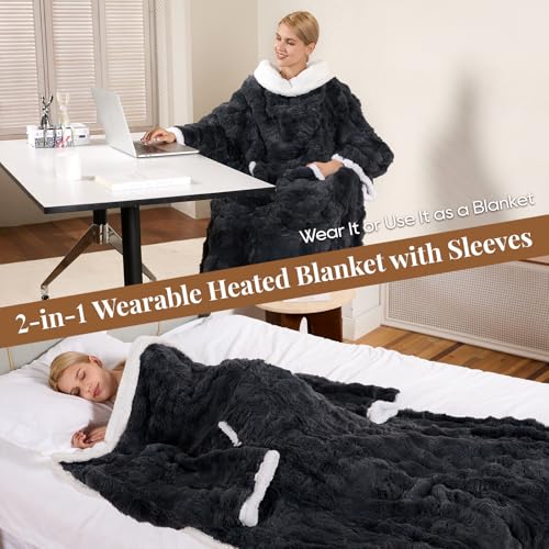 Wearable Heated Blanket, Luxury Faux Fur & Sherpa Electric Throw Blanket with Sleeves, Foot Pockets, Heated Robe for Women...