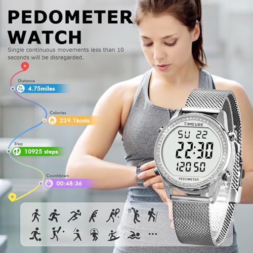 Women's Step Counter Pedometer Watch with Stainless Steel Bracelet, Stylish Design, No App, No Charging Needed for Step, C...