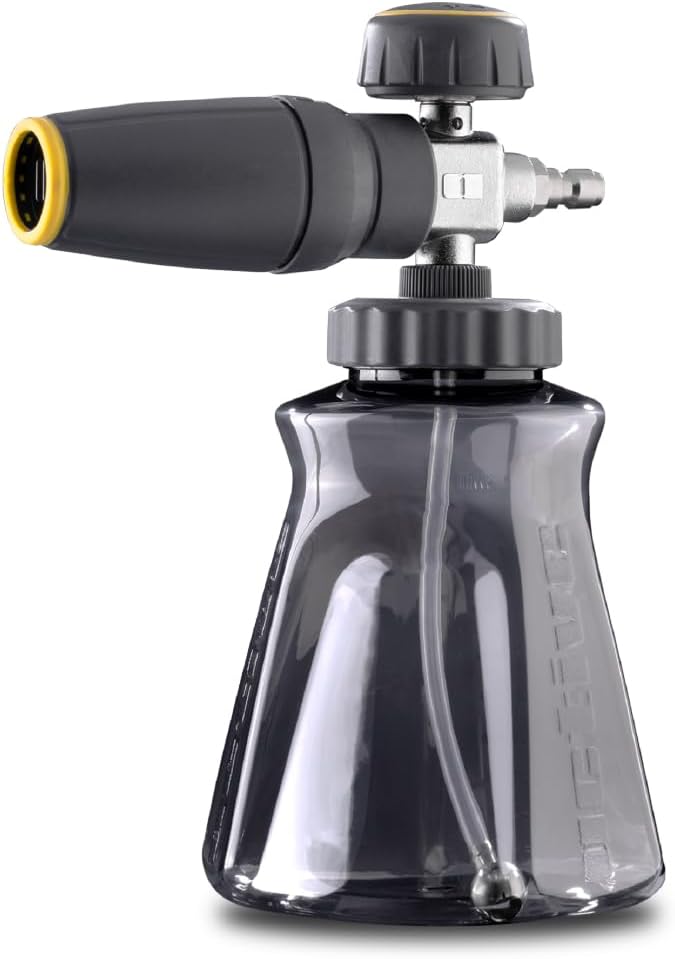 Active Foam Cannon with ¼ inch quick connector for Electric and Gas Pressure Washers. Wide-mouth bottle and variable spray...