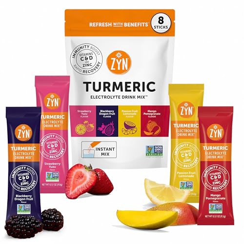 ZYN Electrolyte Drink Mix Hydration Packets, Electrolytes Powder, Hydration Packets w/Turmeric Curcumin, Vitamin C and D, ...