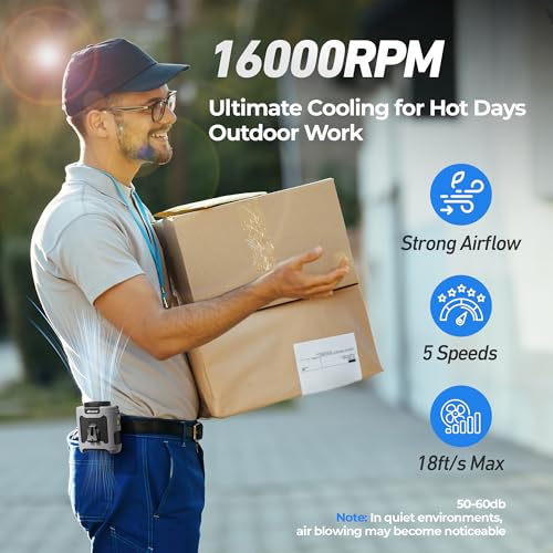 AMACOOL Portable Waist Fan Clip On, MAX 40H Work Time, 10000mAh Rechargeable Wearable Shirt Fan with Light, 16000RPM Power...