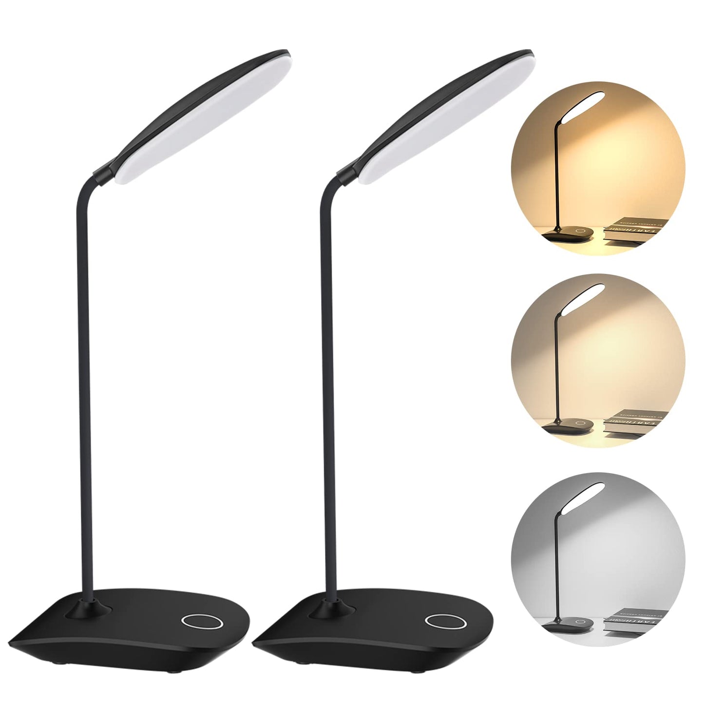 DEEPLITE LED Desk Lamp, 3 Lighting Stepless Dimming, Touch Control, Portable, 2 Pack, Black, Flexible Gooseneck, Eye Caring