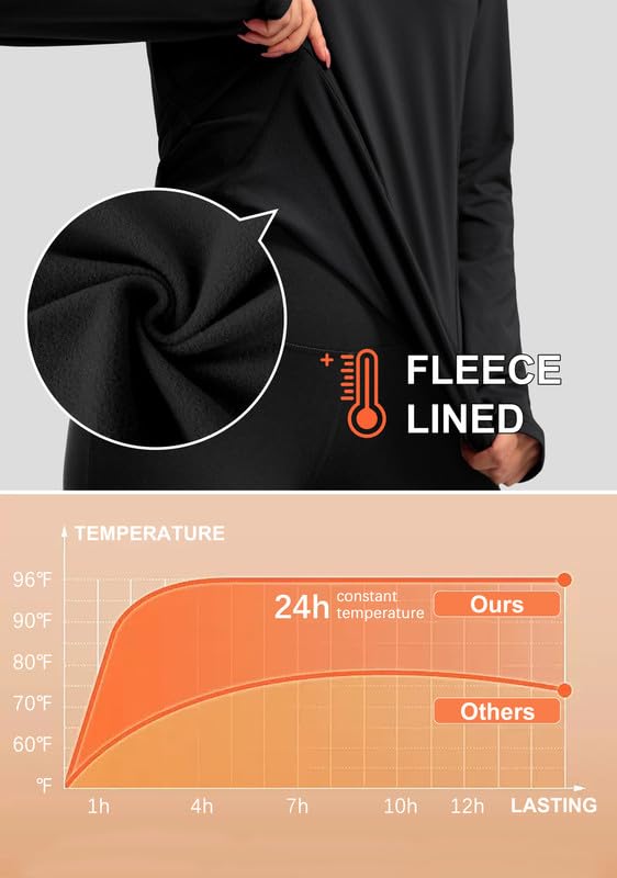 Women's Thermal Fleece Tops Long Sleeve Workout Shirts Running Athletic Base Layer with Thumb Holes Zipper Pocket