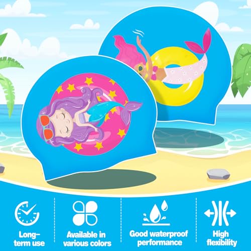 Tivcck 2 Pcs Kids Swim Cap,Silicone Swimming Cap,Silicone Swim Caps for Kids Boys Girls, Waterproof Bathing Caps,Mermaid S...