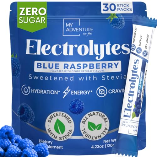 Zero Sugar Blue Raspberry Electrolytes Powder Packets (30 Pack) - All Natural Ingredients, Caffeine Free Energy for Refres...