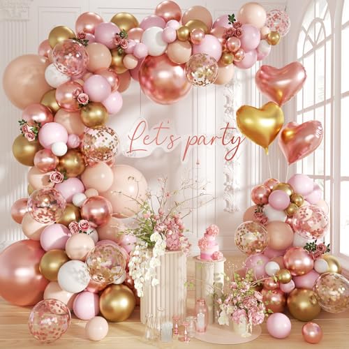 Rose Gold Balloon Garland Arch Kit, 140Pcs Nude Pastel Pink Metallic Gold White Balloons Gold and Rose Gold Confetti Ballo...