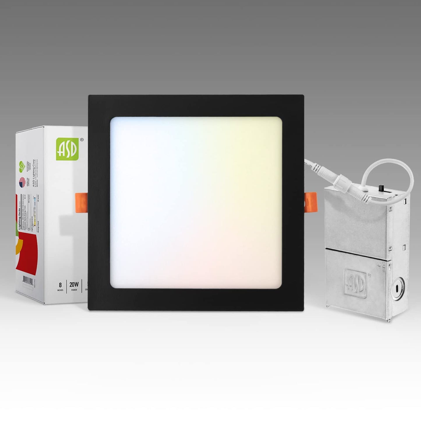 Asd 1 Pack Led Square Recessed Lighting 8 Inch  5 Cct 2700K-5000K Cri90+  20W 70W Eqv  Ultra Thin Dimmable Ceiling Lights With J Box  Canless Wafer Downlight  Slim Panel Light  Ul Energy Star  Black