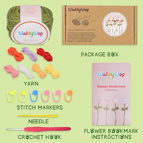 WaldyWop Crochet Kit for Beginners - 8 Flower Bookmarks Knitting Kit w/Step-by-Step Video Tutorials & Soft Yarn, Hook - Wo...