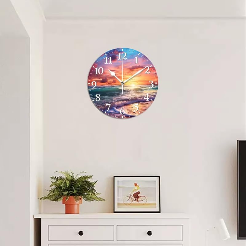 Beach Wall Clock Non-Ticking Silent Clocks Battery Operated Analog Decor Clock for Home-Beautiful Beach Sunset with Colorful Clouds and Waves(16inch)
