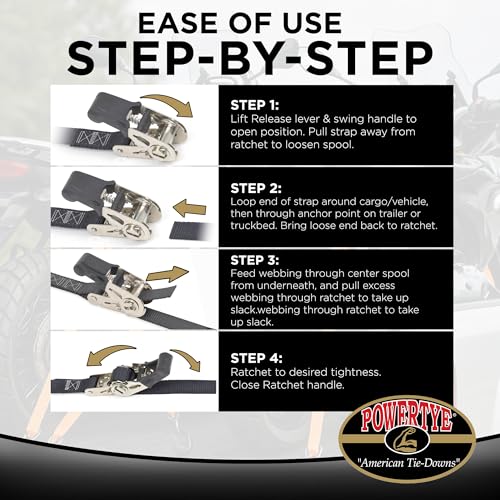 PowerTye - Endless Ratchet Strap - 1in x 4ft Easy Grip (Hookless), Tie Down Strap w/ 400 lb. Working Load Limit / 1,200 l...