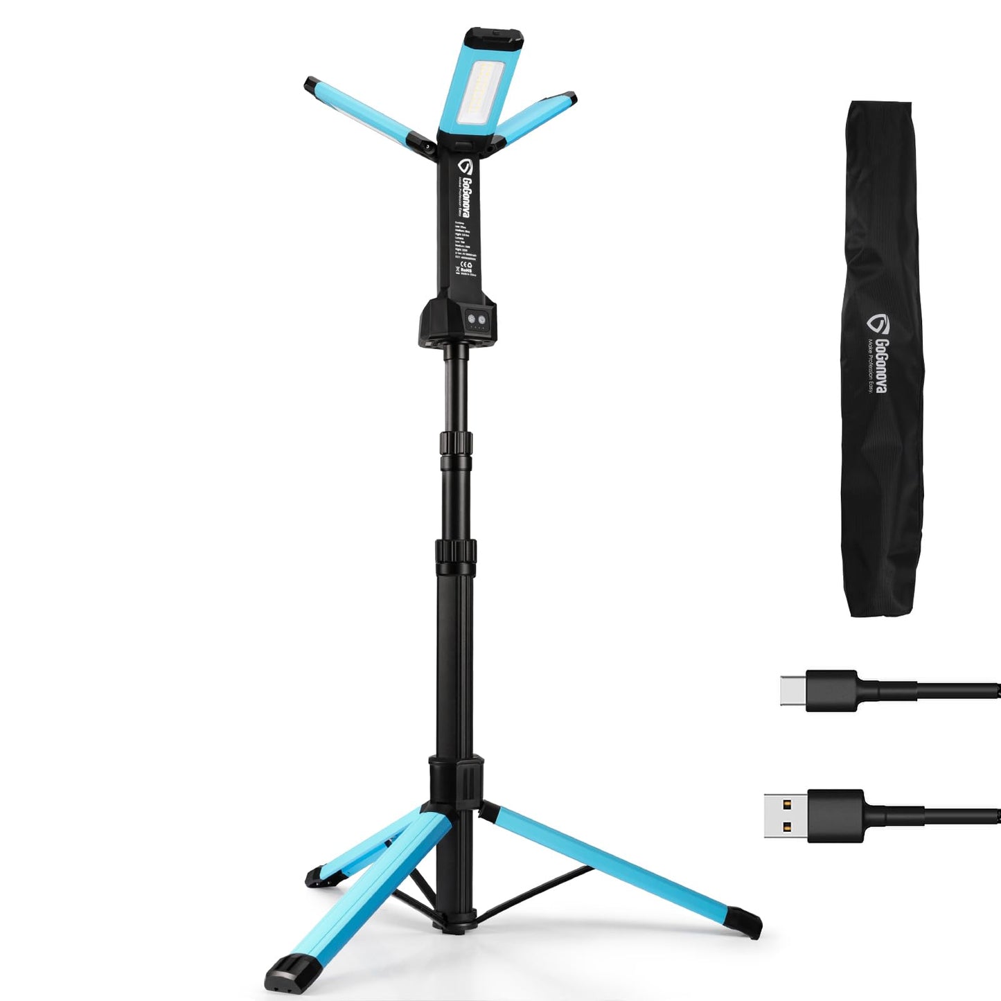 Rechargeable Work Light with Stand, GoGonova Cordless Work Light with Triple LED Lamps, 8AH Battery, 700/1200/2200 Lumen, 4000/6500K Dimmable Camping Light with Detachable Tripod（Blue）