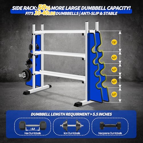 Adjustable Dumbbell Rack, 3-Tier Holder with Double Side Extension Fit Different Weight Dumbbells & Kettlebells, Heavy-Dut...