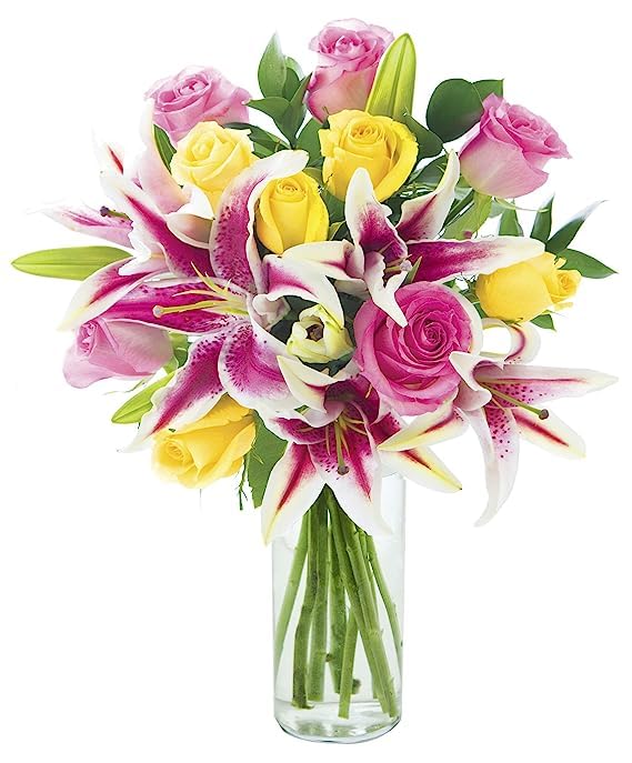 KaBloom PRIME NEXT DAY DELIVERY - Fall Collection - -Bouquet of 5 Pink Rose 5 Yellow Rose 5 Pink Stargazer lily with Greens With Vase .Gift for Birthday  Easter Mothers Day Fresh Flowers