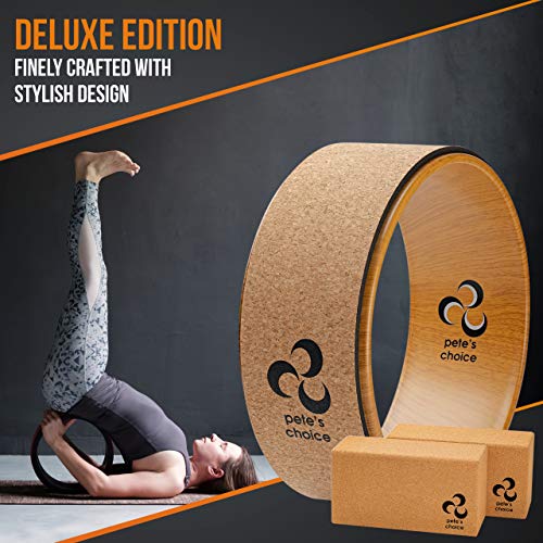 Deluxe Cork Yoga Wheel Set - Cork Wheel + 2 Blocks + Strap + Exercise Guide. Extra Firm Bricks. Better Support, Natural an...