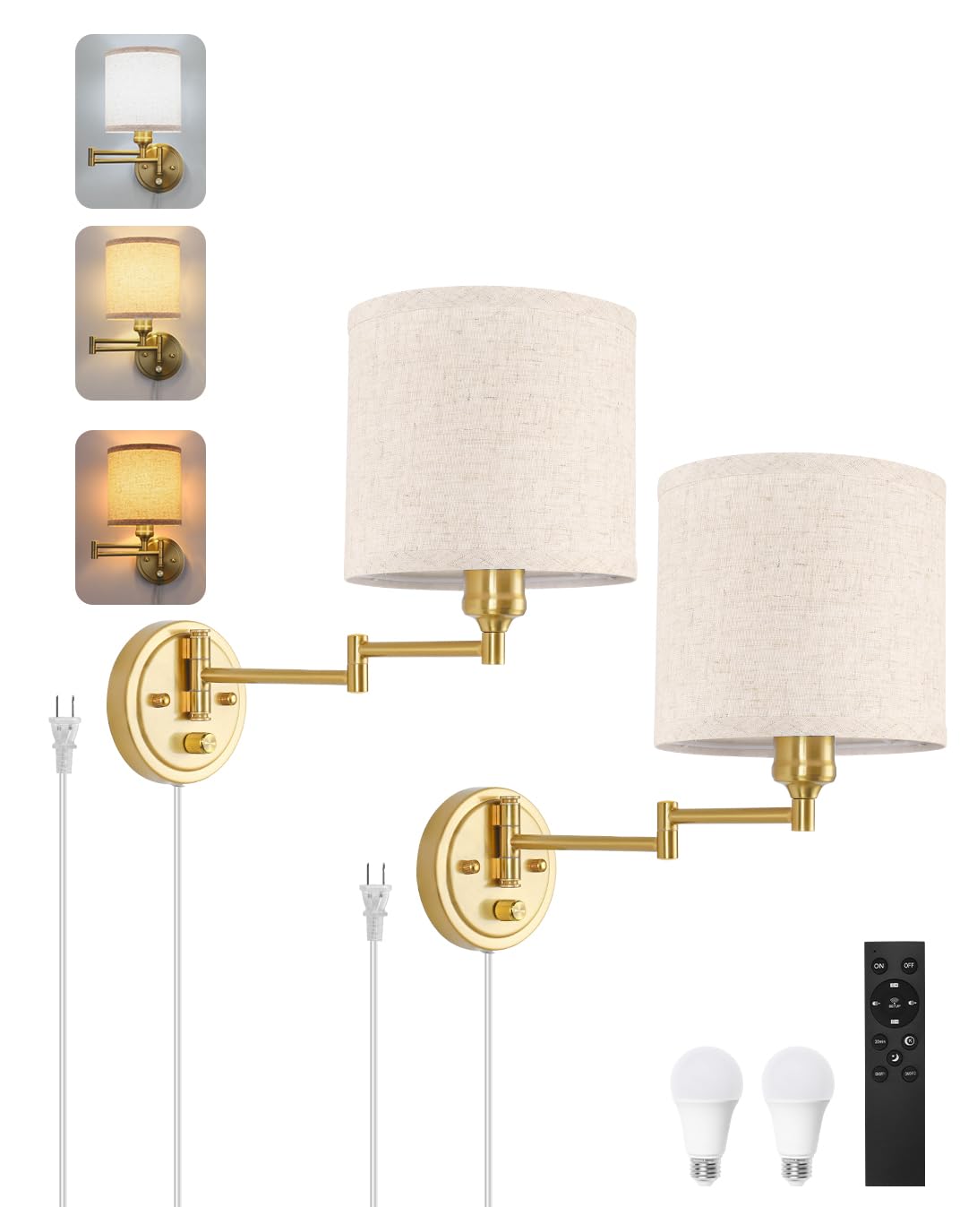 Goodate Plug In Wall Sconces With Remote Control  Dimming & Adjustable Colors 2700K-6500K  Hardwire Or Plug-In  Swing Arm Wall Lamp With Linen Fabric Shade  Wall Sconces Set Of Two  Gold Finish