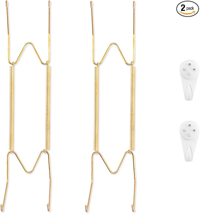 2 Pack Plate Hangers for The Wall, Suitable for 10-14 inch Art Plate, Stainless Steel Invisible Heavy Duty Wire Plate Holder with Wall Hooks, Plate Hangers for Displaying Plates, Platter, Dish, Gold