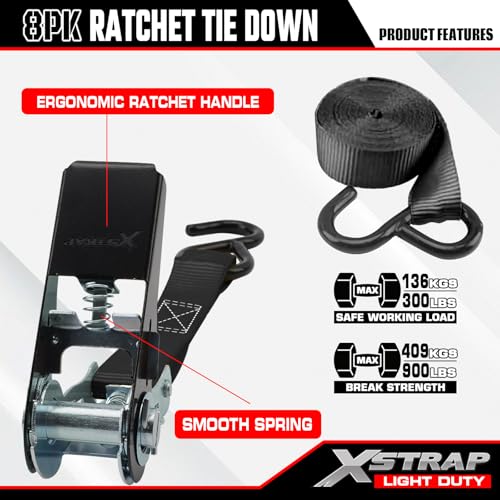 XSTRAP STANDARD Ratchet Tie Down Straps 8PK 1'' x 10 ft - 900 LB Break Strength Cargo Straps for Moving Appliances, Lawn E...