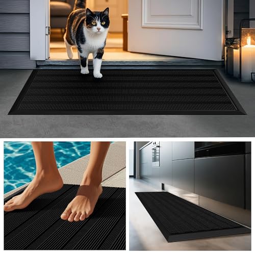 Mibao Front Door Mat Entrance, Waterproof All Weather All Season Non-Slip Rubber Welcome Mat, Dirt Trapper Low-Profile Hea...