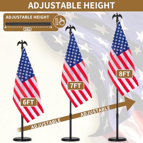 8 FT Indoor Flag Pole and Stand, Heavy Duty Indoor Flag Pole Kit with Weighted & Thickened Base, Eagle Topper, 3x5 FT Amer...