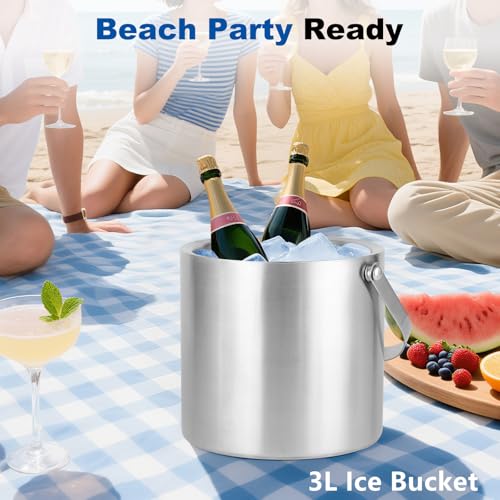 3L Stainless Steel Ice Bucket – Double-Wall Insulated Cooler Keeps Ice Frozen Longer for Wine, Champagne & Beer,Includes L...