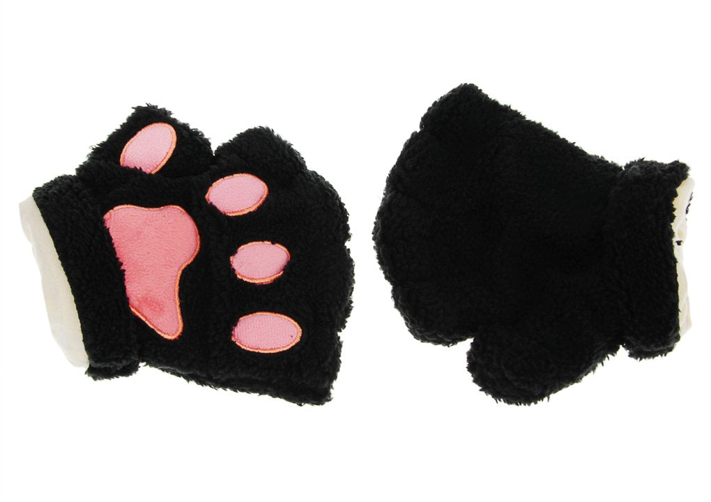 Starsource Lovely Cat Claw Bear Paw Style Winter Plush Half Finger Gloves Mitten For Girls,Black,One Size