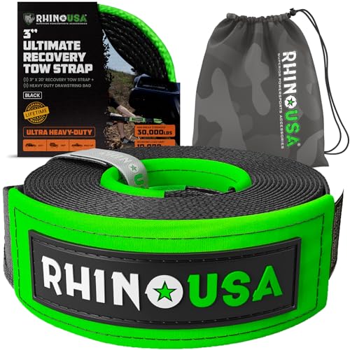 Rhino USA Recovery Tow Strap (3" x 20') - 31,518lb Break Strength - Emergency Recovery Strap Tow Rope for Truck, UTV, ATV...