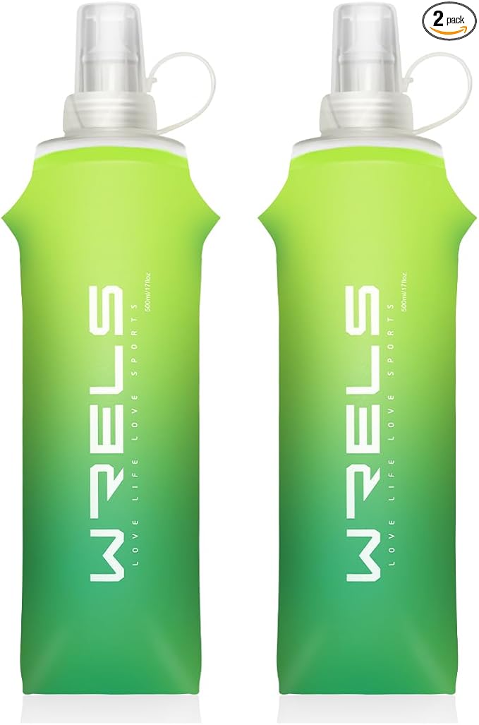 Collapsible TPU Soft Flask,Reusable Handheld Soft Water Bottle for Hydration Pack,BPA Free Gradient Folding Water Flask for Running Cycling Climbing (Mix Green-500ml *2)