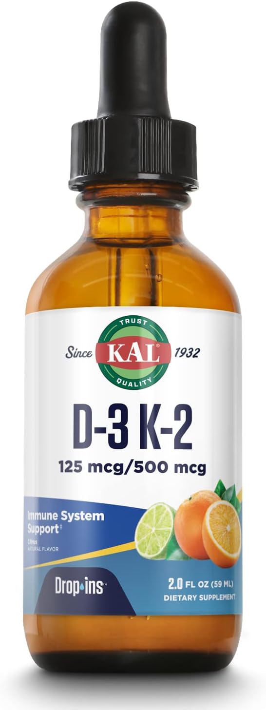 KAL D3 K2 DropIns 125 mcg / 500 mcg Liquid Vitamin D3 K2 Drops, Bone Health, Heart Health and Immune Support Supplement, Natural Citrus Flavor, 60-Day Money Back Guarantee, Approx. 59 Serv, 2 FL OZ