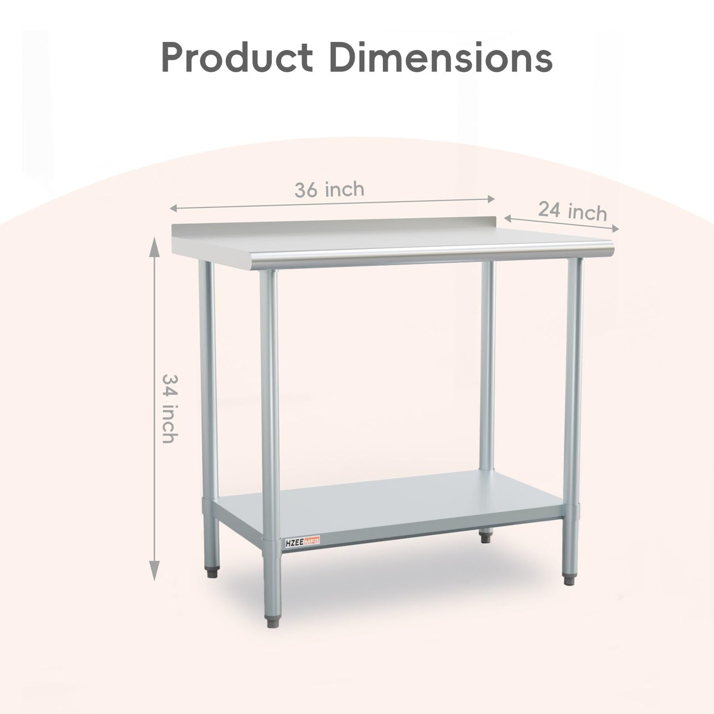 HZEEMFG Stainless Steel Table 36x24 inches 3ft for Prep & Work, Heavy Duty Table with Backsplash for Commercial Kitchen, Restaurant, Home, Hotel, Laundry Room,Garage, Workshops