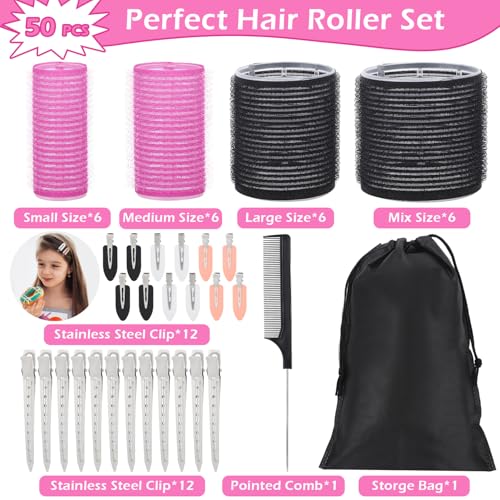 50Piece Hair Rollers Set, Self-Grip Rollers Hair Curlers for Long Medium Short Hair, 4 Sizes of Hair Rolls(6 Jumbo + 6 Lar...
