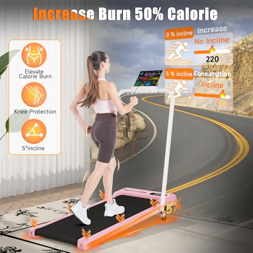 Incline Walking Pad with Handle Bar, Foldable Portable Under Desk Treadmill for Home Office, Ultra Quiet <45dB, Safety Loc...