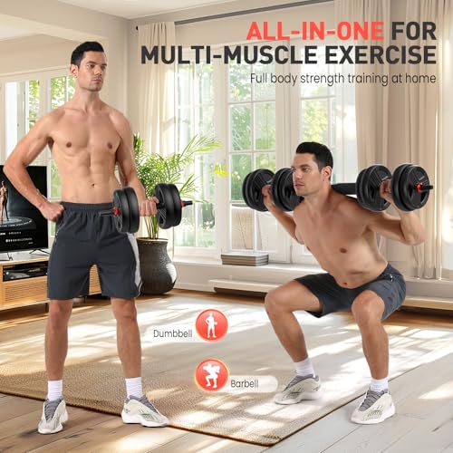 UKEEP Adjustable Dumbbells Set, 20/30/40/55/60/80lbs Free Weight Set with Connector, 2 or 3 in 1 Dumbbells Set Used as Bar...