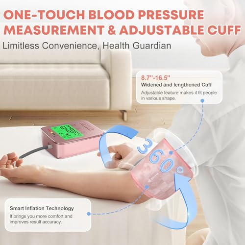 Blood Pressure Monitor,Pink Blood Pressure Machine Bp Cuff Automatic Upper Arm with 8.7”-16.5 inches Adjustable Automatic ...