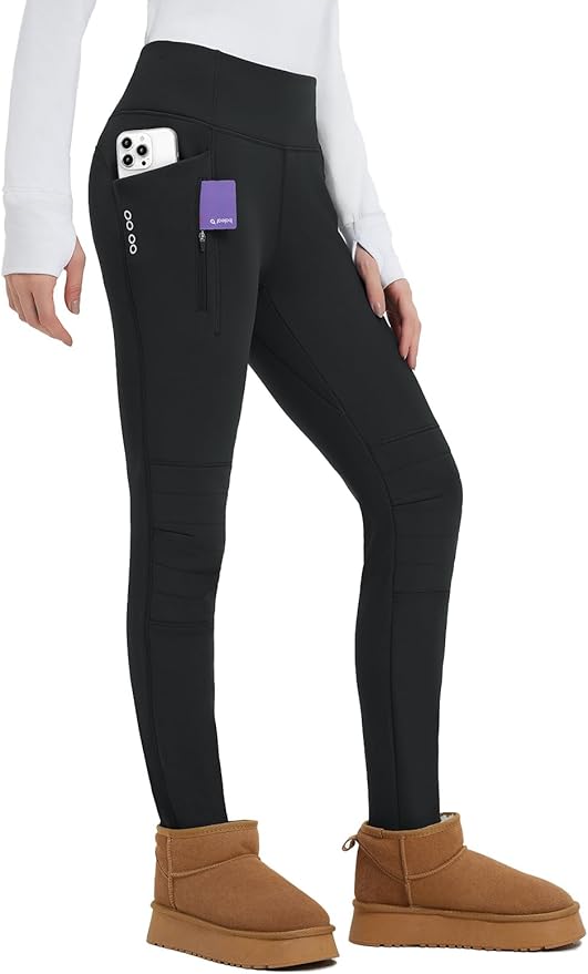 baleaf Thick Leggings for Women Water Resistant Snow Pants Fleece Lined Leggings Winter Ski Hiking Pants with Zip Pockets