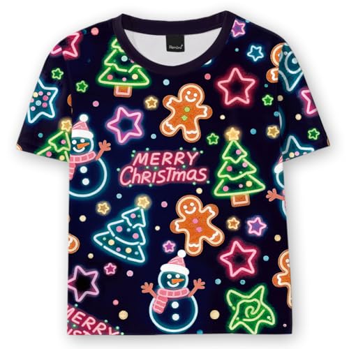 Remimi Kids Christmas Shirts Cute Print Short Sleeve Holiday Funny Xams Tops 5-14 Years