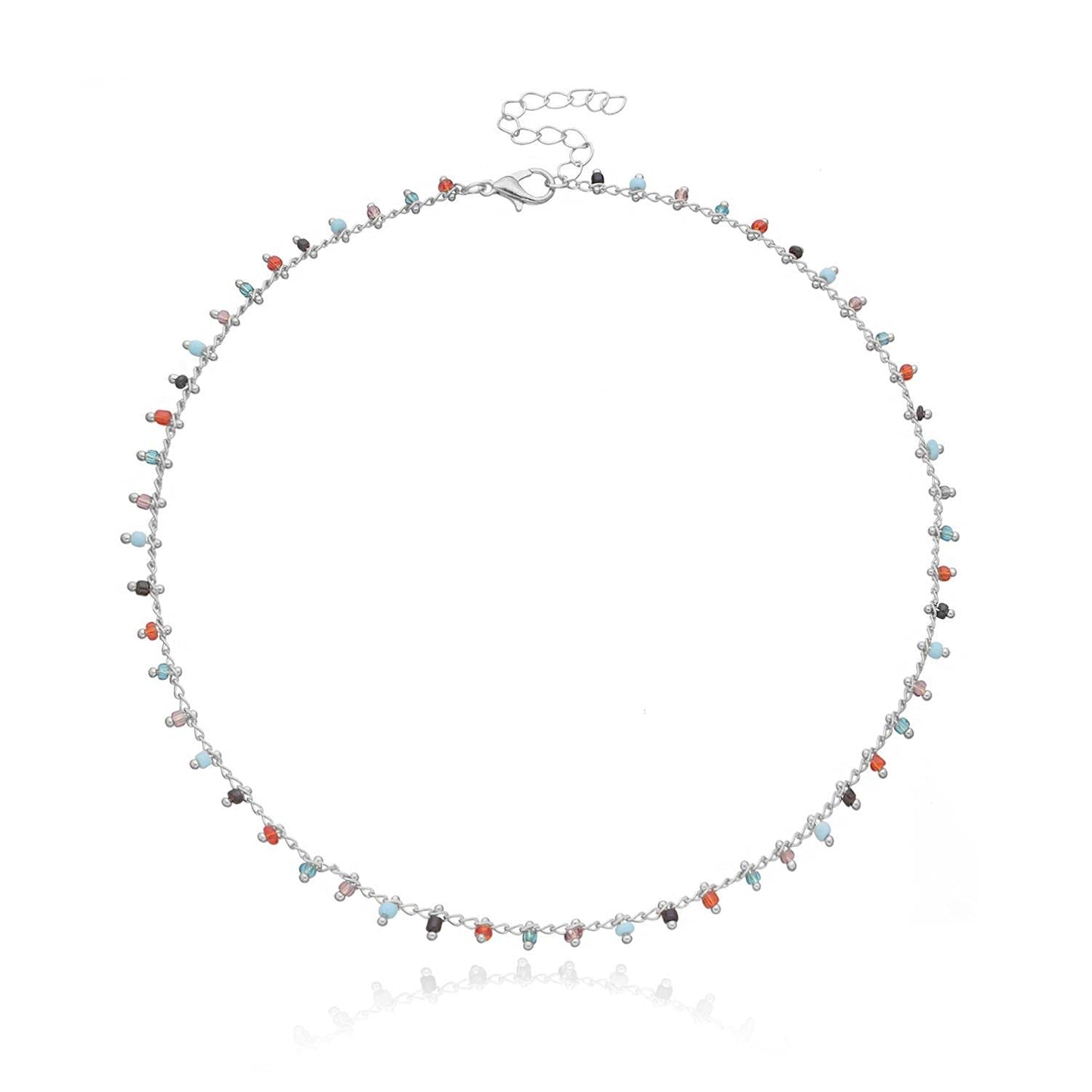 FUTIMELY Bohemia Green Beaded Beads Choker Necklace for Women,Simple Fresh Green Beaded Square Round Bead Choker Necklace (Silve