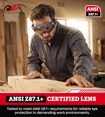 Tarantula ANSI Z87.1+ Safety Goggles Over Glasses, Anti-Fog & Anti-Scratch, Adjustable Strap, Lab Eye Protection, Woodworking