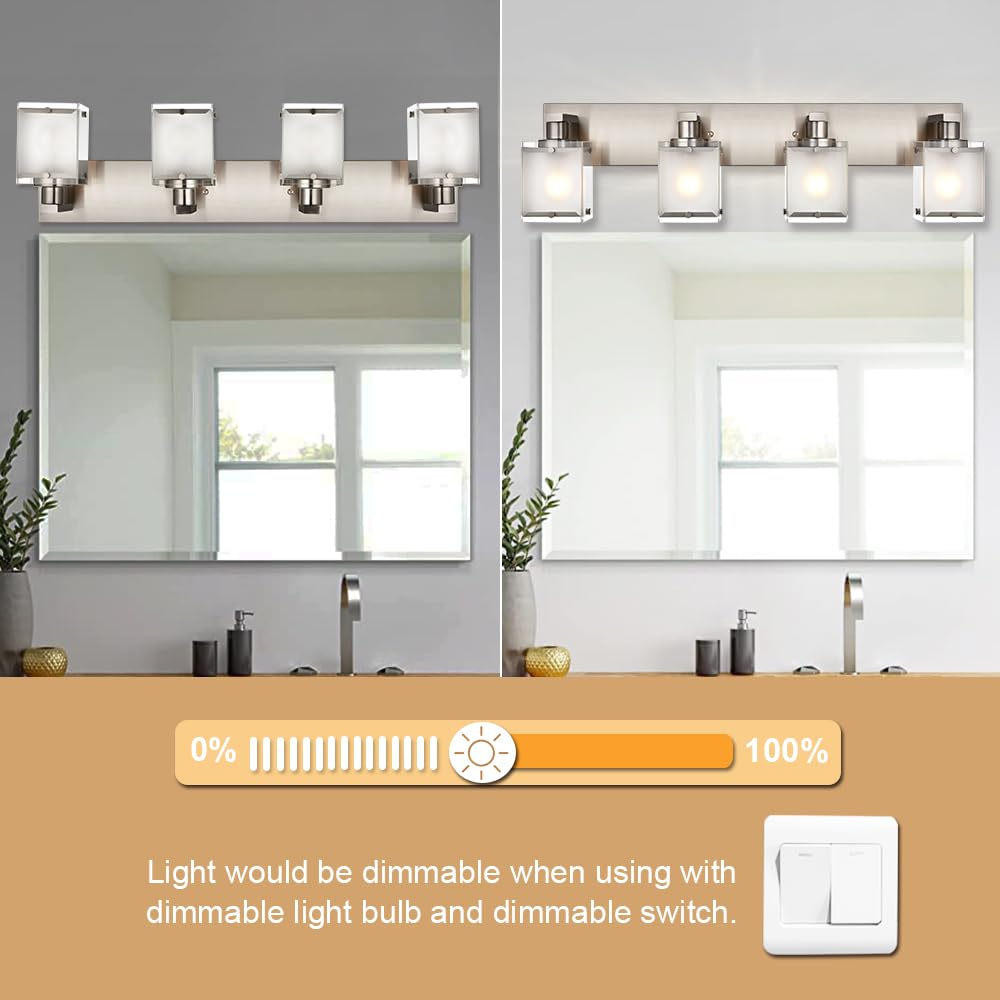 Winshen 4-Lights Bathroom Light Fixtures Over Mirror  Brushed Nickel Vanity Wall Mounted Lighting With Frosted Glass For Kitchen Living Room  E26 Bulb Base