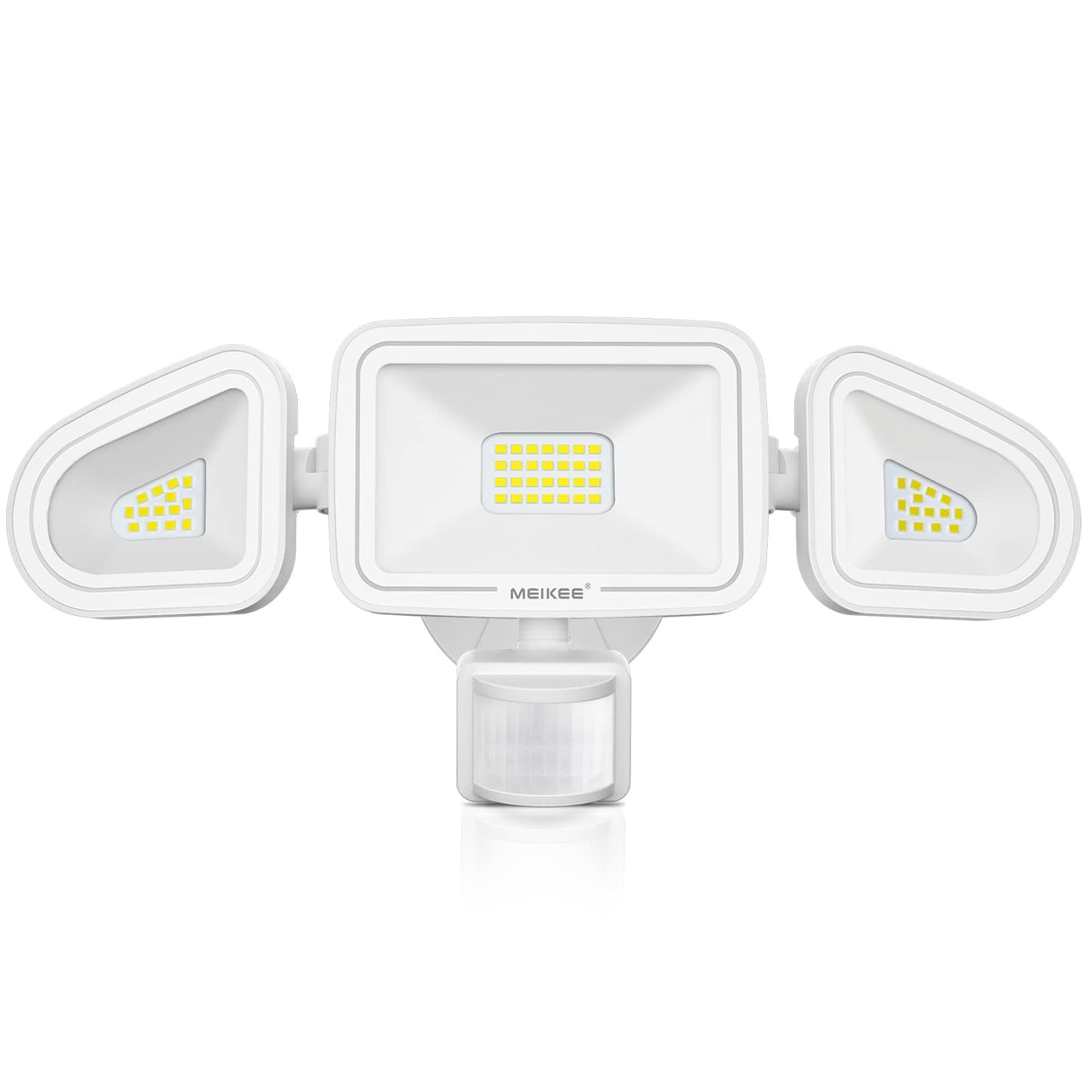 Meikee 42W Led Motion Sensor Flood Light, 3600Lm, 6500K, Ip65 Waterproof, White, 3 Adjustable Heads For Garage, Yard, Garden