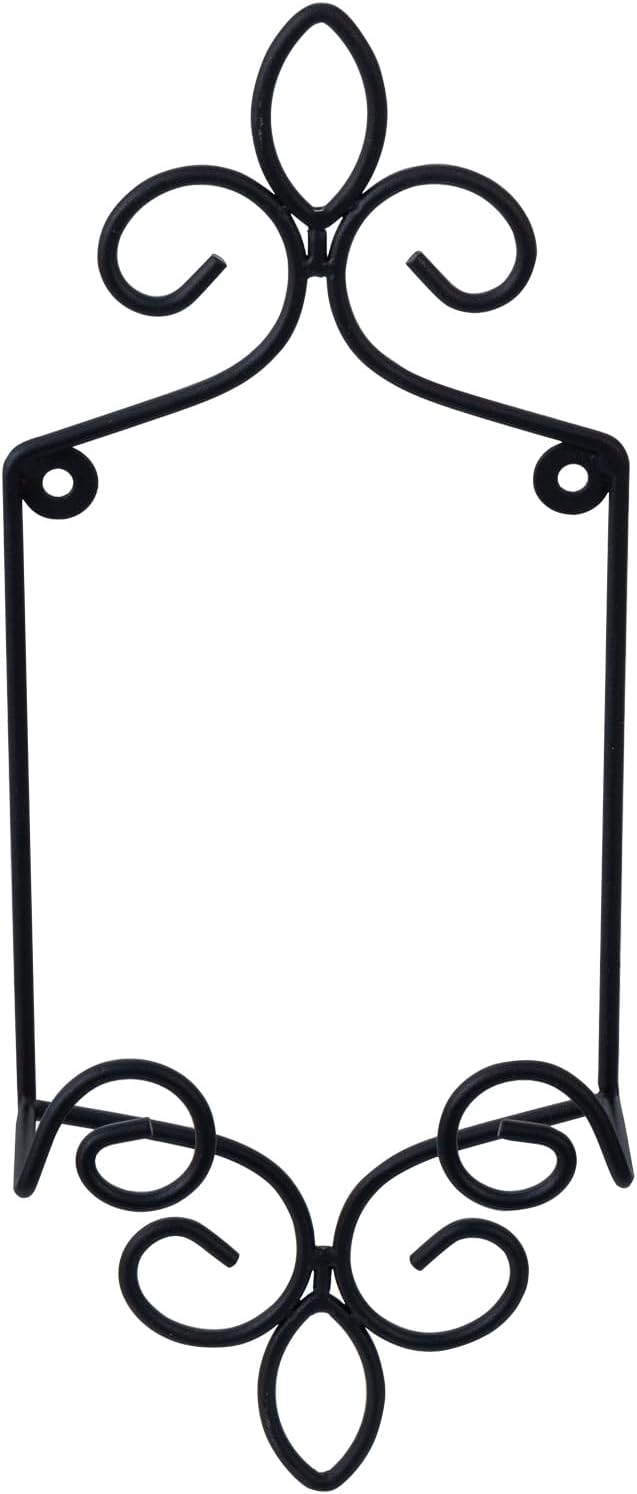 MyGift Small Wall Mounted Metal Wire Vertical Collectible Plate Holder in Matte Black Finish, Decorative Vintage Scrollwork Hanging Rack Holds Single 5.5 to 8 Inch Plates
