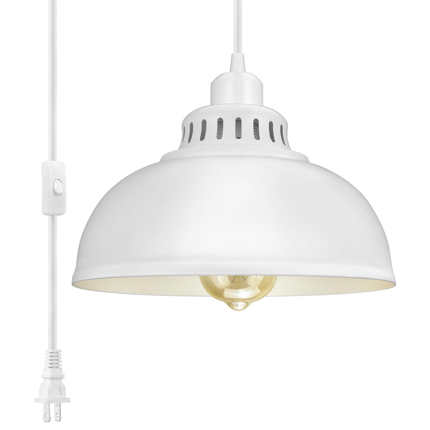SoodMi Plug in Pendant Light, Industrial Metal Hanging Lamp, 15FT Cord with Switch, Big White, Model PLDG-0015