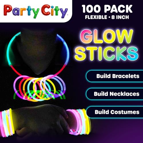 Party City 100 Glow Sticks Bulk Party Pack 8”– Neon Glow in the Dark Party Supplies, Glowsticks with Connectors Bracelets...