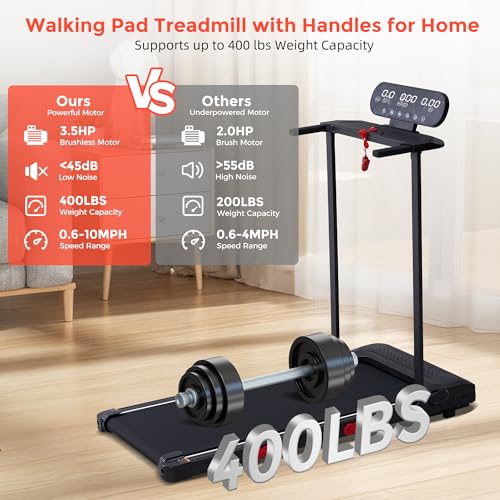 Electric Walking Pad with Handle Bar, 3.5HP Compact Walking Pads Treadmill with Handles, 0.6-10.0MPH Portable Small Treadm...