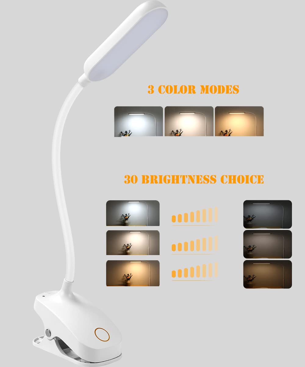 Colorlife Clip-On Desk Lamp - 7W Rechargeable Gooseneck Light, White, Model Cl-Dw01, Stepless Brightness For Reading & Work